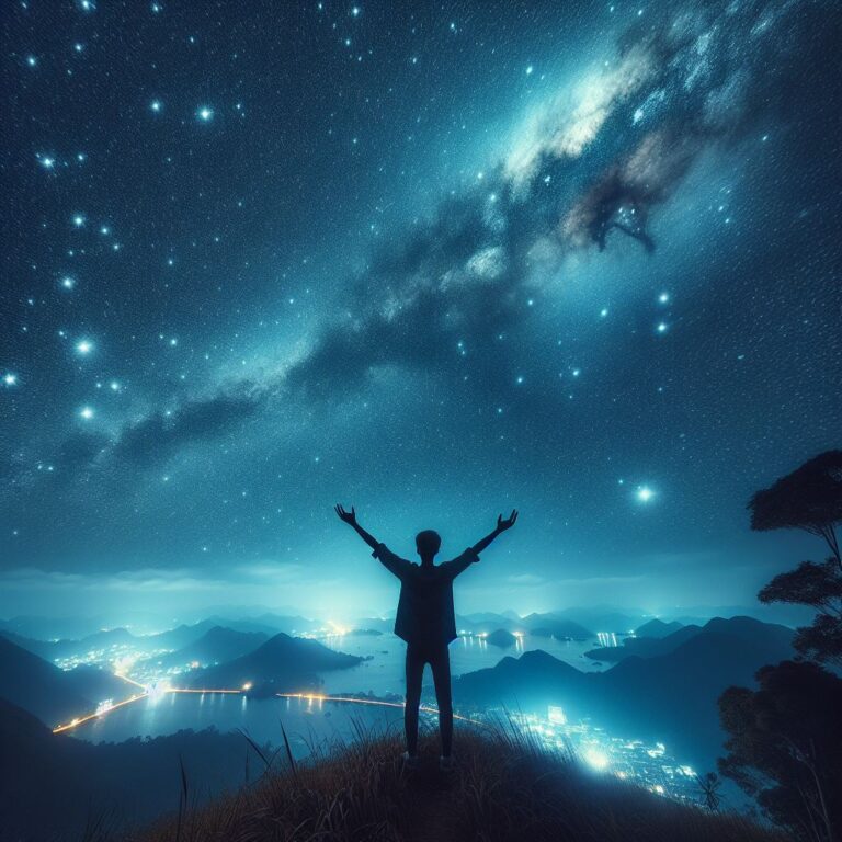 Man looking up to stars with arms reaching towards them.