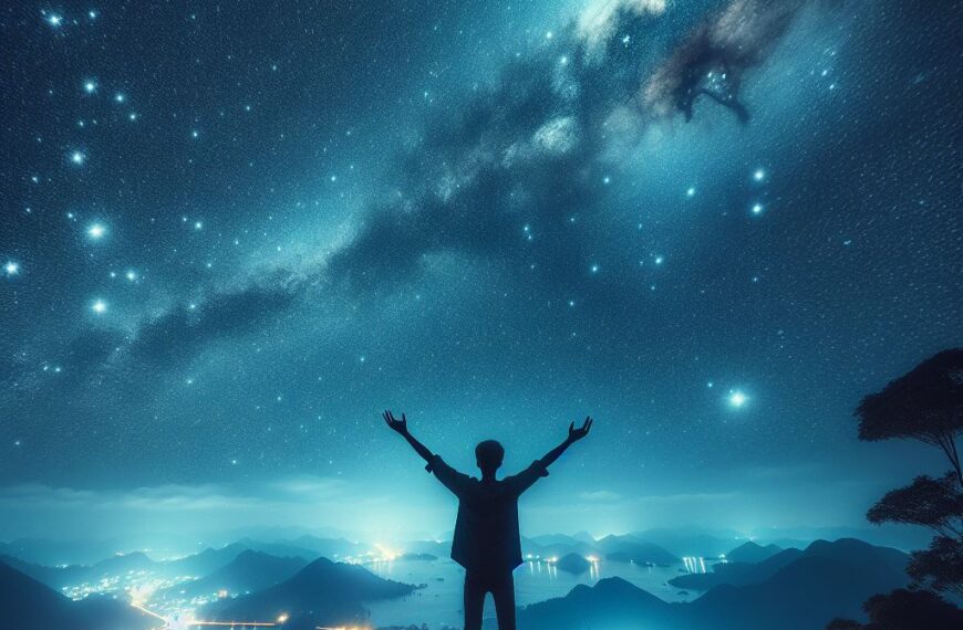 Man looking up to stars with arms reaching towards them.